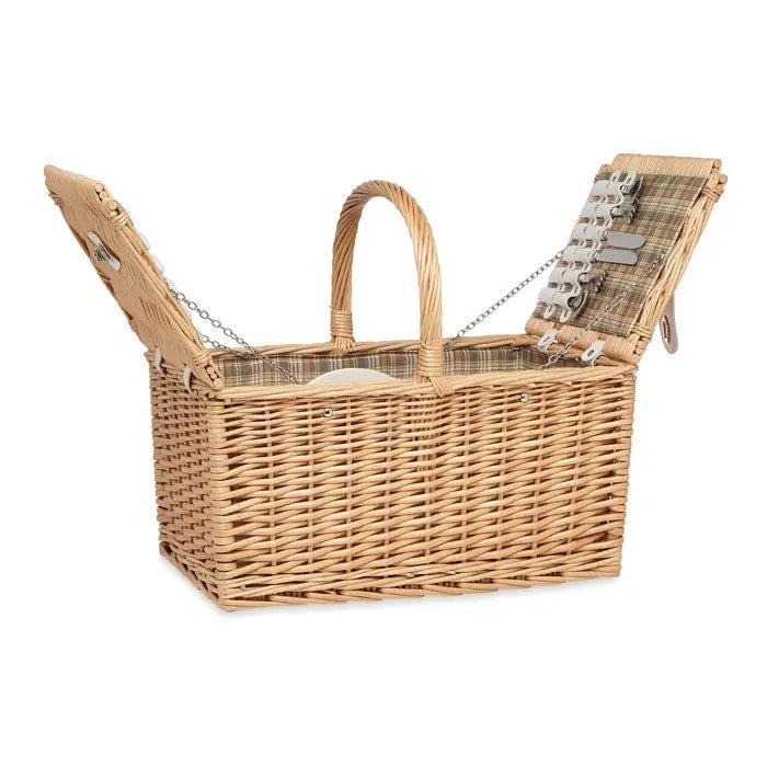 Cos de picnic din rachita natural cu interior carouri si tacamuri argintii pentru 4 persoane