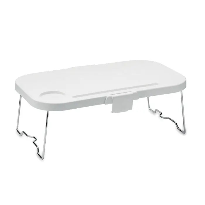 Cos de picnic pliabil cu masă pliabilă albă din plastic și picioare metalice cromate cu suport pentru pahare integrat