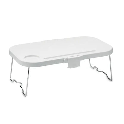 Cos de picnic pliabil cu masă pliabilă albă din plastic și picioare metalice cromate cu suport pentru pahare integrat