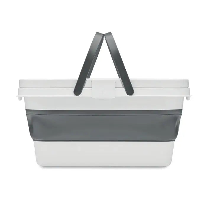 Cos de picnic pliabil alb și gri din plastic cu mânere negre pentru depozitare ușoară și portabilitate