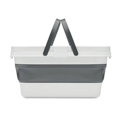 Cos de picnic pliabil alb și gri din plastic cu mânere negre pentru depozitare ușoară și portabilitate