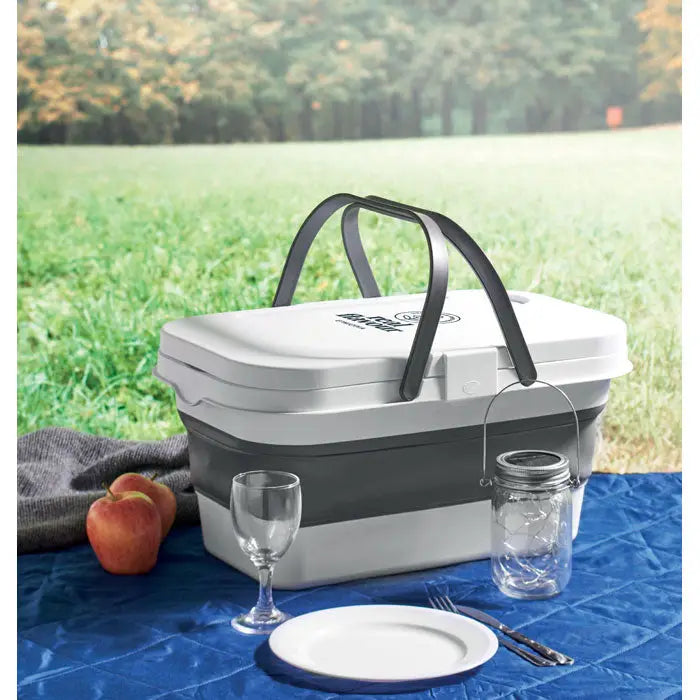 Cos de picnic pliabil alb și gri cu mânere negre, cooler pliabil ideal pentru picnicuri în aer liber
