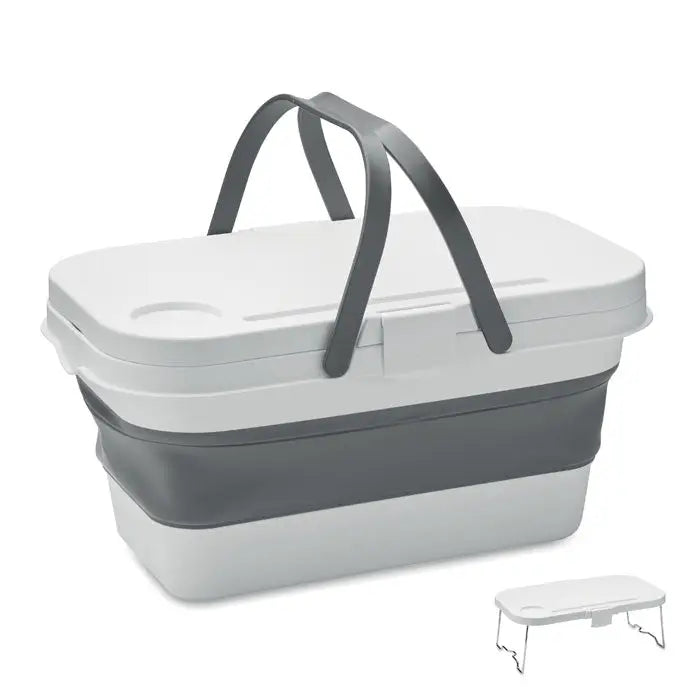 Cos de picnic pliabil gri și alb cu mâner integrat și suport pentru pahar, cooler pliabil din material durabil