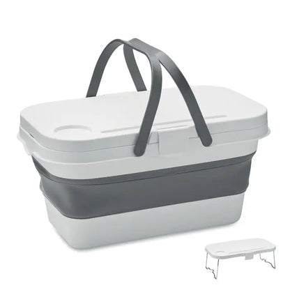 Cos de picnic pliabil gri și alb cu mâner integrat și suport pentru pahar, cooler pliabil din material durabil