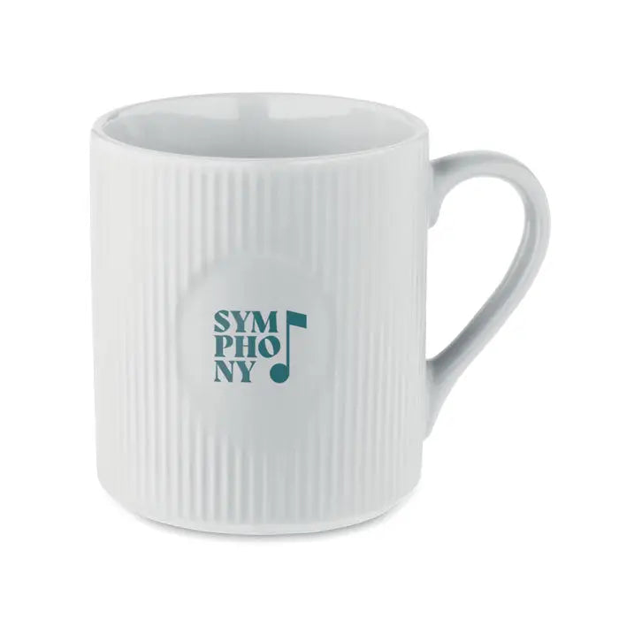 Cana de ceramica alba cu nervuri de 340 ml cu logo teal symphony ny si design nota muzicala