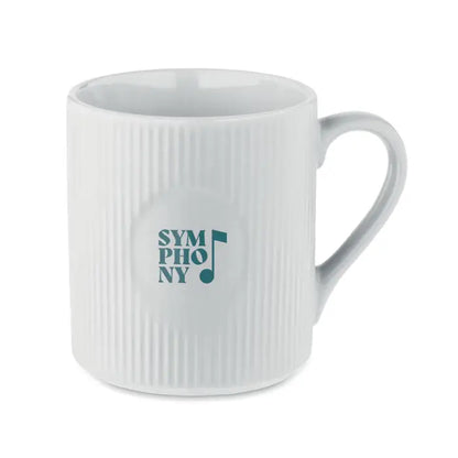 Cana de ceramica alba cu nervuri de 340 ml cu logo teal symphony ny si design nota muzicala