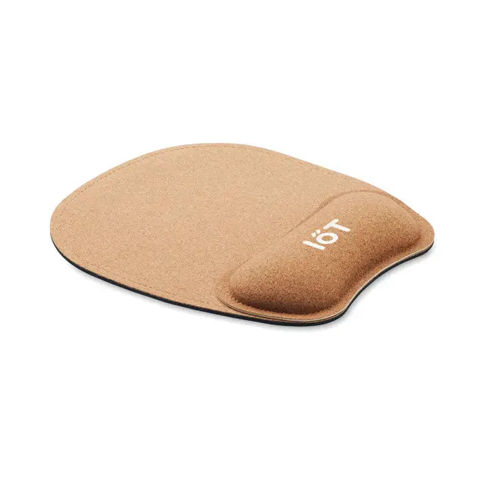 Covoras de mouse ergonomic din pluta tan cu suport conturat pentru incheietura si logo-ul tööt brodat alb
