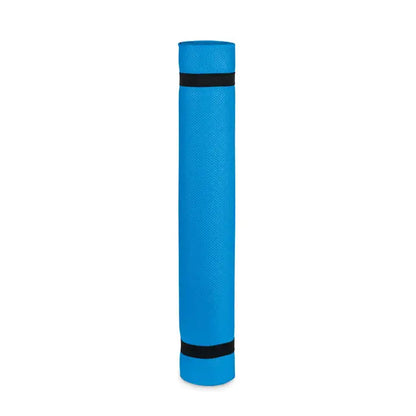 Covoraș de yoga albastru viu din EVA 4,0 mm rulat și fixat cu benzi elastice negre cu husă inclusă