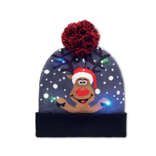 Craciun tricotat beanie led este o caciula mov inchis cu model de ren zambitor cu caciula rosie si lumini led