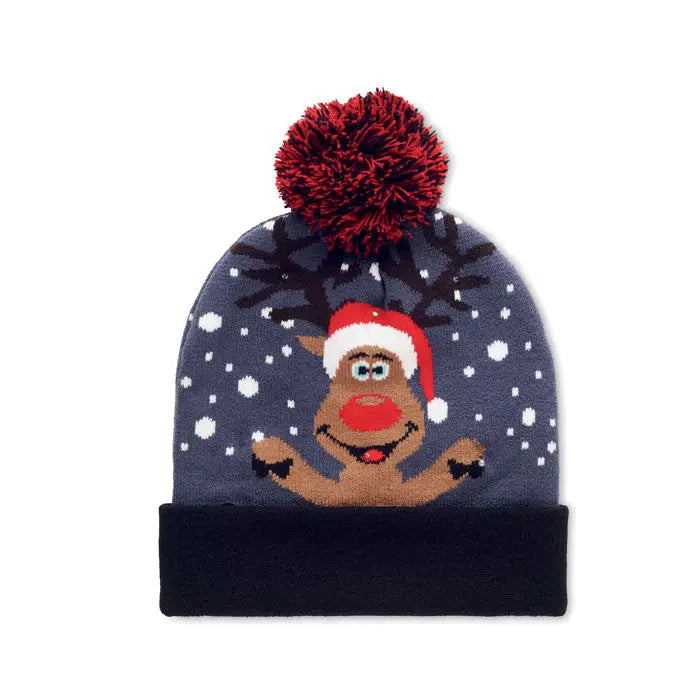 Craciun tricotat beanie led festiv gri cu ren vesel cu caciula rosie si fulgi de nea albi din lana