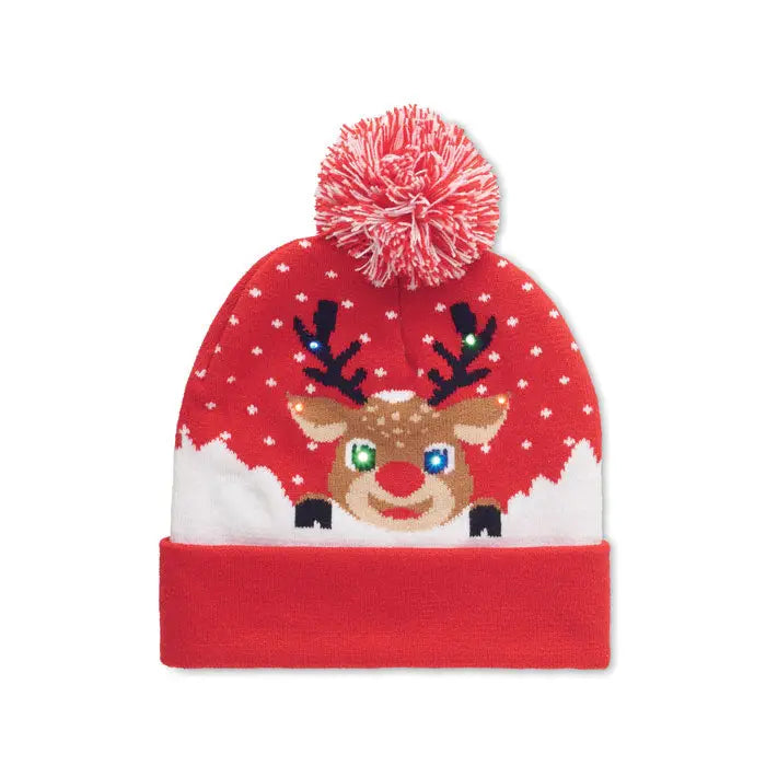 Beanie craciun tricotat rosu cu led fata de ren luminata model fulgi de zapada si pompon rosu alb