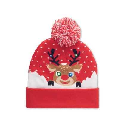 Beanie craciun tricotat rosu cu led fata de ren luminata model fulgi de zapada si pompon rosu alb