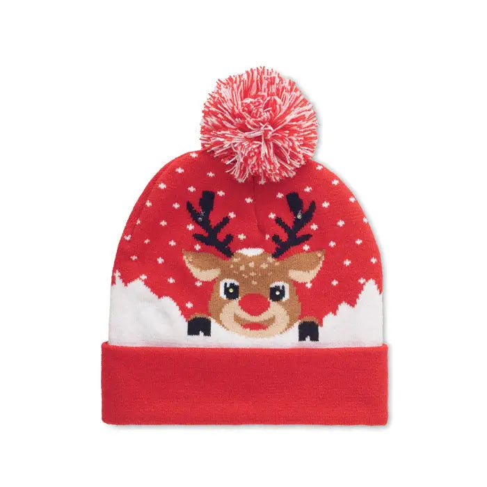 Beanie tricotat craciun roșu cu design festiv ren și pompon led alb și roșu pentru iarnă