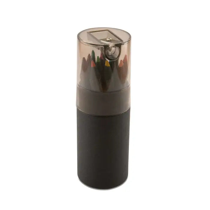 Transparent etui cilindric pentru creioane de colorat negre cu baza neagra si ascutitoare incorporata si creioane colorate