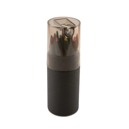 Transparent etui cilindric pentru creioane de colorat negre cu baza neagra si ascutitoare incorporata si creioane colorate