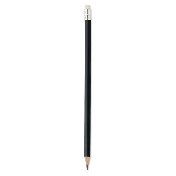 Creion natural cu radiera cu corp negru, mină grafică, ferrulă argintie și radieră albă pentru scris și desen