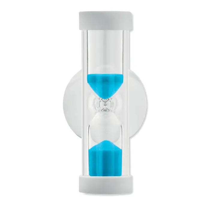 Cronometru pentru dus alb montat pe perete cu nisip albastru vibrant in forma eleganta de clepsidra din sticla clara