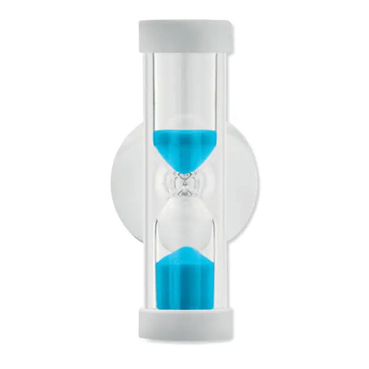 Cronometru pentru dus alb montat pe perete cu nisip albastru vibrant in forma eleganta de clepsidra din sticla clara