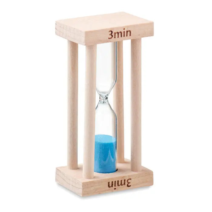 Cronometru pentru nisip din lemn cu ramă deschisă și nisip albastru vibrant pentru 3 minute