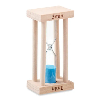 Cronometru pentru nisip din lemn cu ramă deschisă și nisip albastru vibrant pentru 3 minute