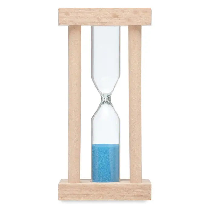 Cronometru pentru nisip din lemn 3 minute cu cadrul minimalist si nisip albastru vibrant in bulbi de sticla clara