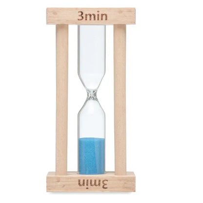 Cronometru pentru nisip din lemn 3 minute cu cadru din lemn si nisip albastru sclipitor intr-un corp de sticla transparenta