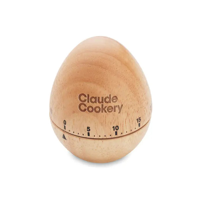 Cronometru pentru ou din lemn de pin maro deschis cu forma ou si marcaje numerice si gravura claude cookery