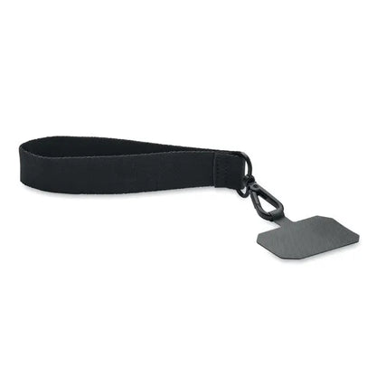 Curea pentru telefon din poliester negru cu carabiniera si eticheta hexagonala din metal