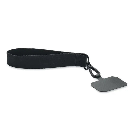 Curea pentru telefon din poliester negru cu carabiniera si eticheta hexagonala din metal