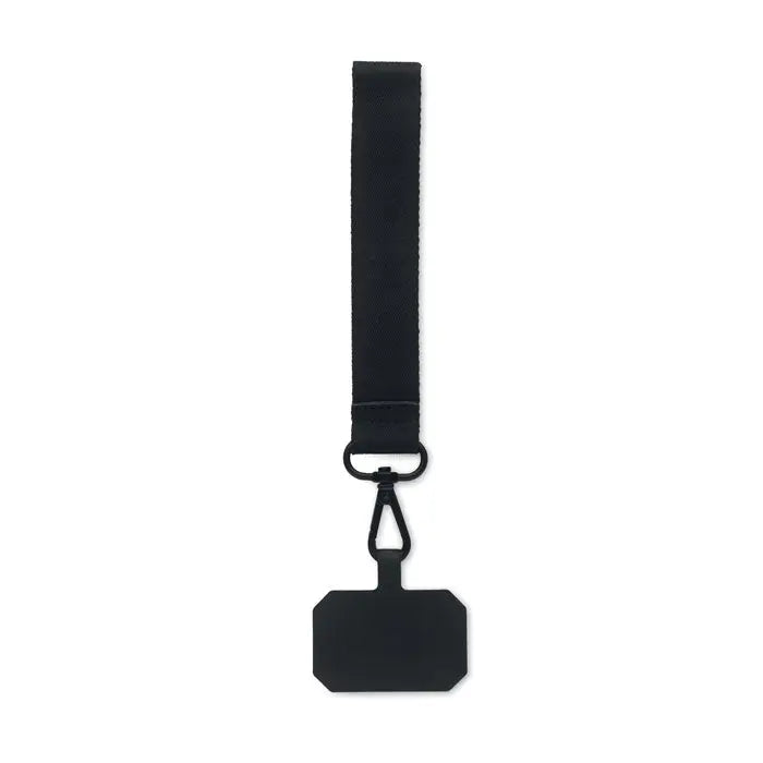 Curea pentru telefon din poliester cu snur negru si eticheta id octogonala eleganta cu clips metalic