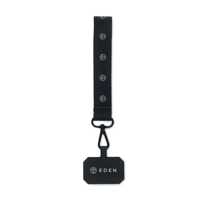 Curea pentru telefon din poliester negru cu lanyard imprimat alb si clips metalic negru cu eticheta gravata eden