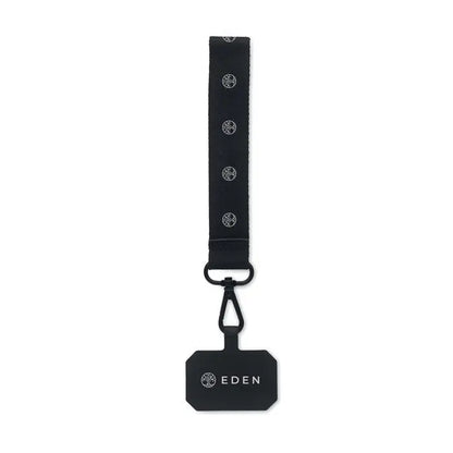 Curea pentru telefon din poliester negru cu lanyard imprimat alb si clips metalic negru cu eticheta gravata eden