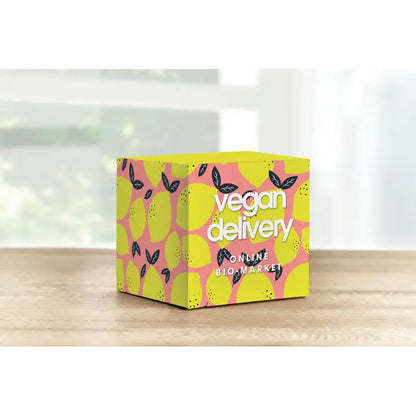 Cutie cadou de sublimare pentru cani din carton vibrant galben si roz cu model de lamai si text vegan delivery