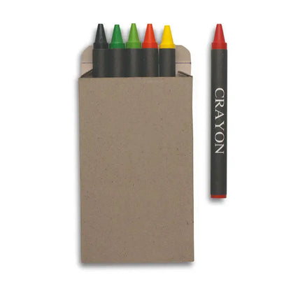 Set de 6 creioane de ceara cutie cu 5 culori asortate si un creion rosu in cutie carton maro