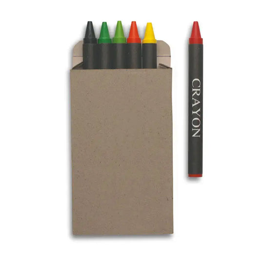 Set de 6 creioane de ceara cutie cu 5 culori asortate si un creion rosu in cutie carton maro