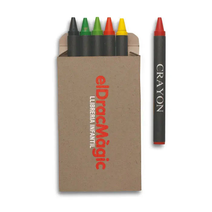 Cutie cu 6 creioane de ceara colorate in cutie maro din carton cu brandul eldramàgic imprimat