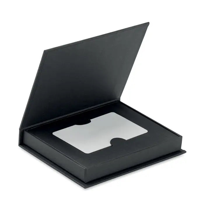 Cutie de card cadou neagra din piele ecologica cu insertie metalica argintie pentru cadouri elegante