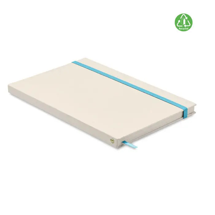 Caiet cutie de lapte A5 crem cu elastic bleu deschis si panglica semn de carte asortata