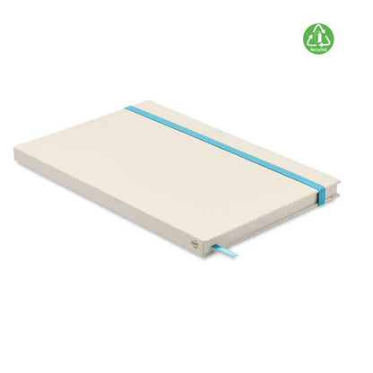 Caiet cutie de lapte A5 crem cu elastic bleu deschis si panglica semn de carte asortata