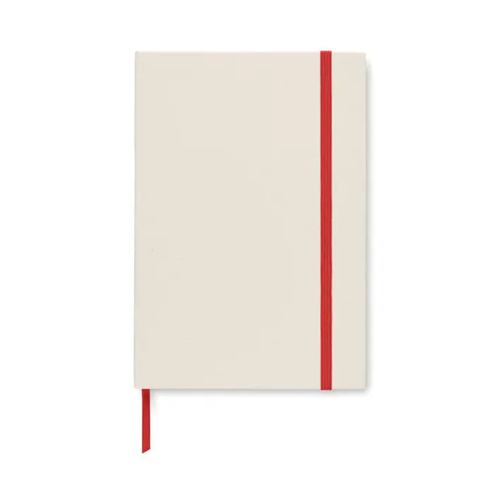 Notebook a5 cutie de lapte crem cu coperta hardcover elastica rosie si semn de carte rosie
