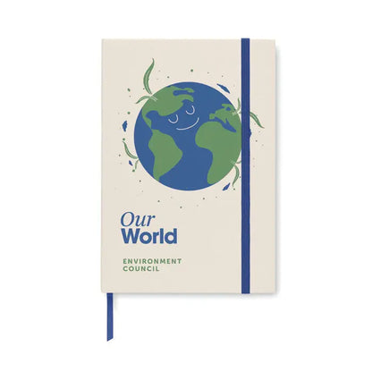 Notebook cream hardcover a5 cutie de lapte with smiling earth illustration and navy elastic band for environment council
