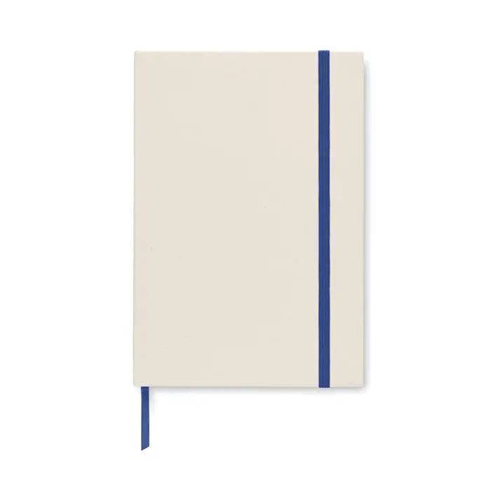Caiet a5 cutie de lapte cu coperta hardcover crem si elastic bleumarin cu semn de carte asortat