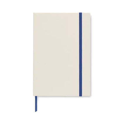 Caiet a5 cutie de lapte cu coperta hardcover crem si elastic bleumarin cu semn de carte asortat