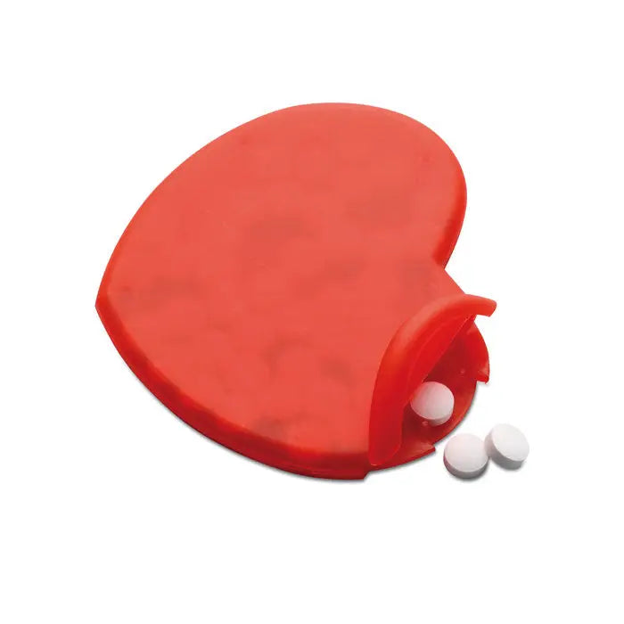 Cutie de menta in forma de inima rosie din plastic cu capac articulat pentru pastile albe mici