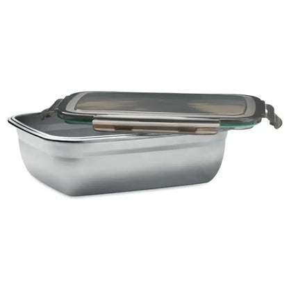 Cutie de pranz 1500 ml container alimentar dreptunghiular din inox cu capac din sticla si inchidere metalica argintie
