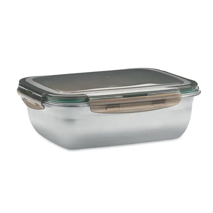 Cutie de pranz 1500 ml sticla transparenta cu capac argintiu si manere bej din plastic pentru depozitare alimente