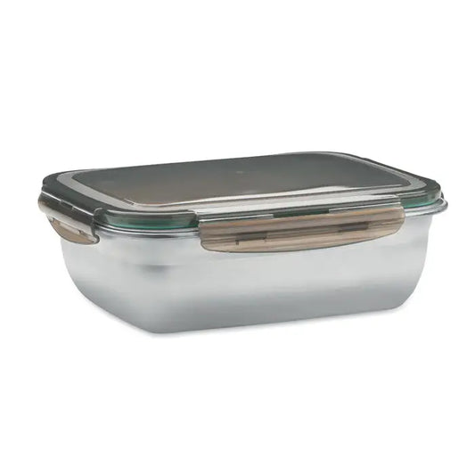 Cutie de pranz 1500 ml sticla transparenta cu capac argintiu si manere bej din plastic pentru depozitare alimente