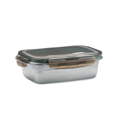 Cutie de pranz 850 ml recipient dreptunghiular din sticla transparenta cu capac gri si sistem de inchidere siliconat bej