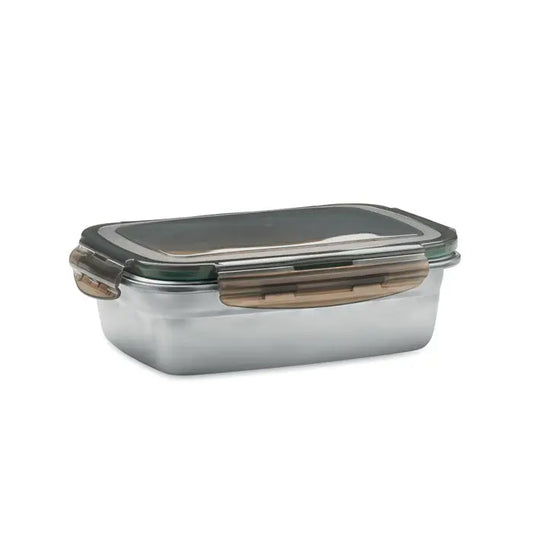 Cutie de pranz 850 ml recipient dreptunghiular din sticla transparenta cu capac gri si sistem de inchidere siliconat bej