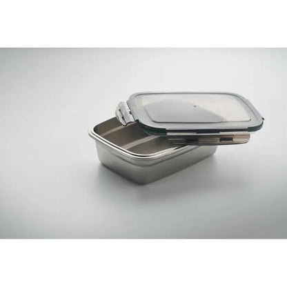 Cutie de pranz 850 ml container rectangular din otel inoxidabil cu capac de sticla transparent si inchidere argintie